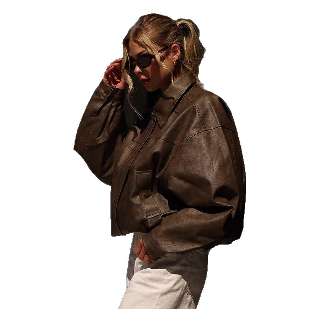 Damen Boxy Cropped Lederimitat‑Blouson mit Oversize‑Schulter Nord Taschen