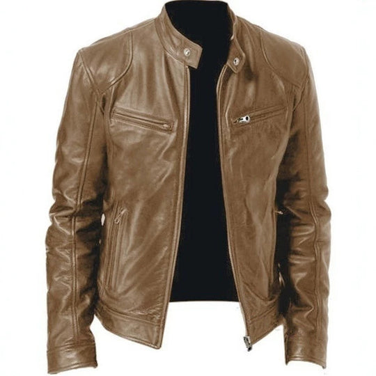 Herren vintage-inspirierte Lederjacke im Bikerstil mit Stehkragen und sichtbaren Reißverschlüssen Nord Taschen