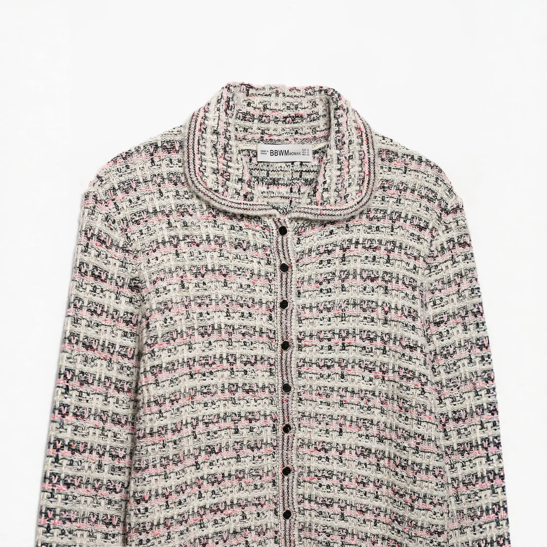 Damen Tweed-Cardigan mit Rundkragen, durchgehender Knopfleiste und Fransenabschlüssen Nord Taschen