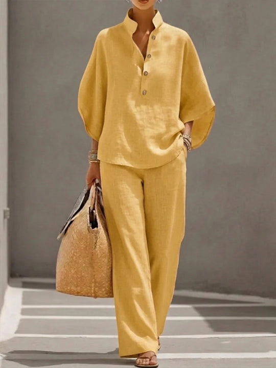 Damen Leichtes Leinen-Loungewear-Set mit Stehkragen Knopfleiste und weitem Marlene-Schnitt Nord Taschen