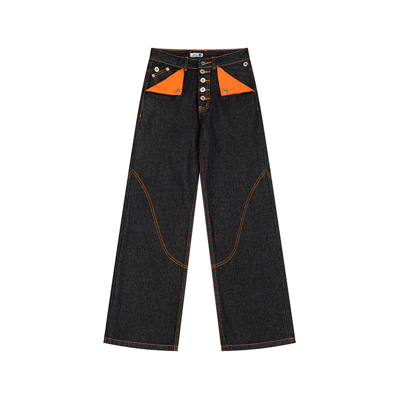 Damen High‑Waist Wide‑Leg-Jeanshose mit kontrasttaschen und dekorativen Ziernähten Nord Taschen