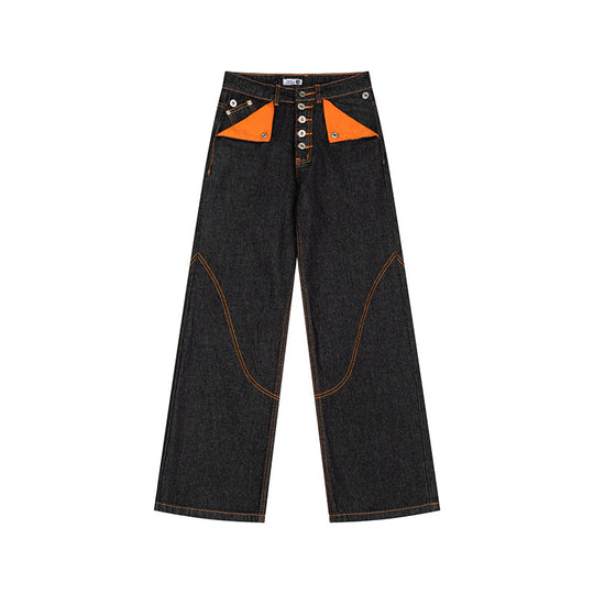 Damen High‑Waist Wide‑Leg-Jeanshose mit kontrasttaschen und dekorativen Ziernähten Nord Taschen