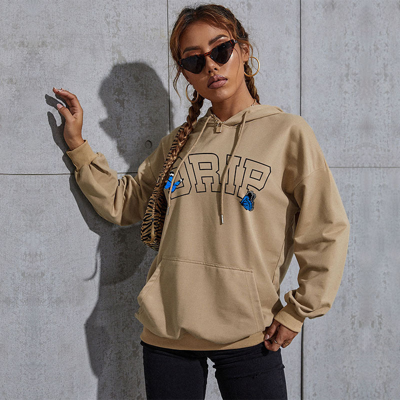 Damen Oversize-Kapuzenpullover mit Kängurutasche und Schmetterling-Stickerei Nord Taschen