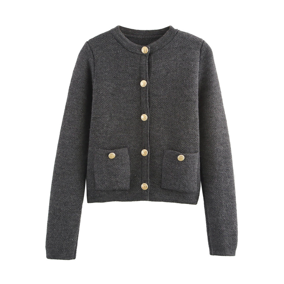 Damen Kurzgeschnittener Bouclé-Cardigan mit Rundhals, Pattentaschen und Münzknöpfen Nord Taschen
