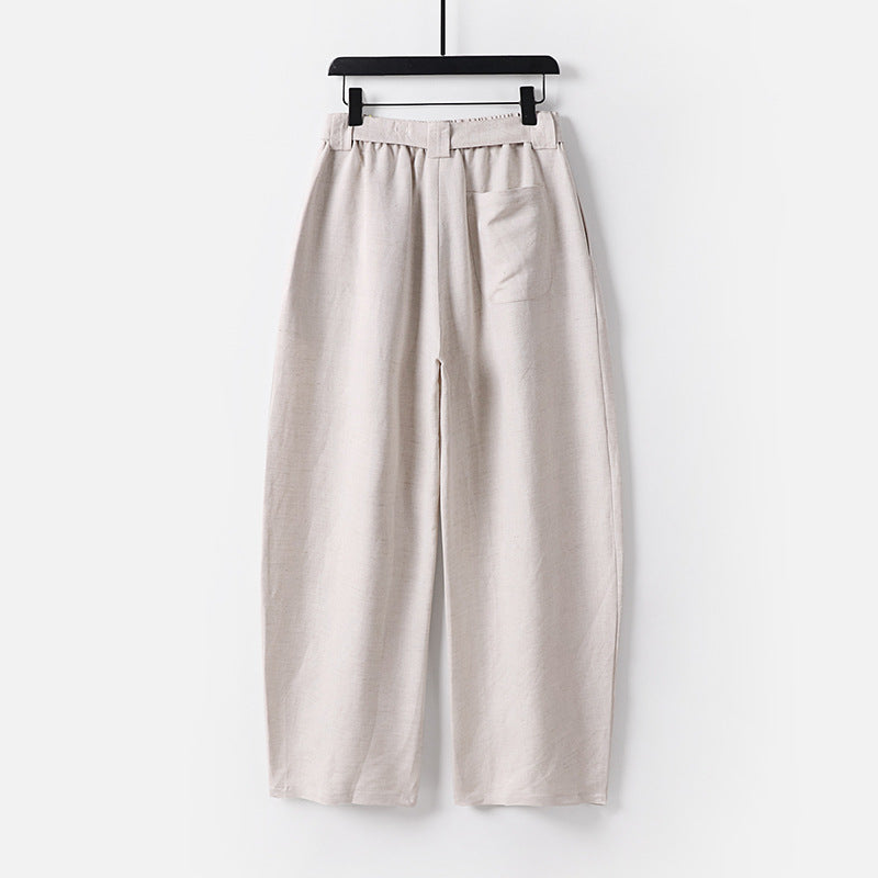 Damen Hochgeschnittene weite Leinenmix-Hose mit Bundfalten und Stoffgürtel Nord Taschen