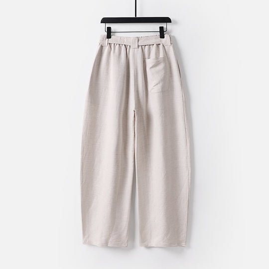 Damen Hochgeschnittene weite Leinenmix-Hose mit Bundfalten und Stoffgürtel Nord Taschen