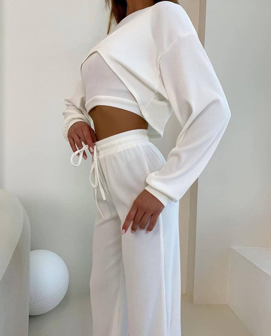 Damen Ripp-Lounge-Set mit Cut-Out Croptop, Oversize Cropped Pullover und High-Waist Jogginghose Nord Taschen