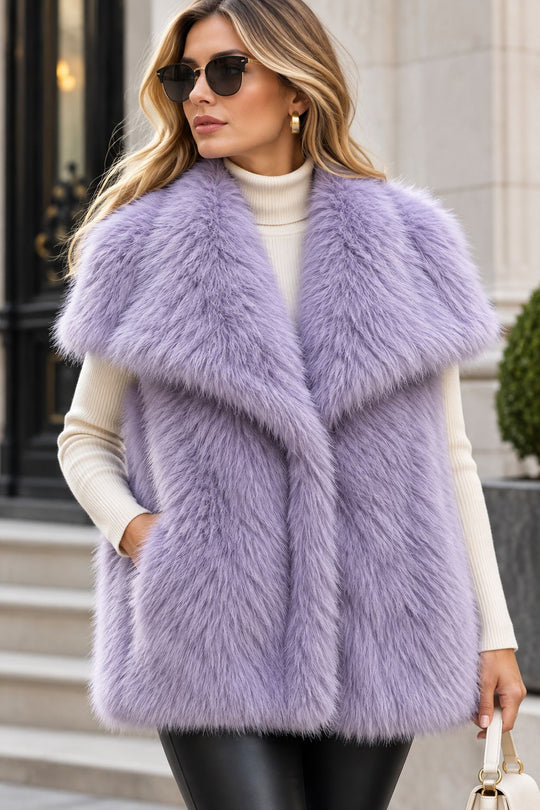 Damen Ärmellose Hochflor‑Kunstfellweste mit voluminösem Schalkragen und Eingrifftaschen Nord Taschen