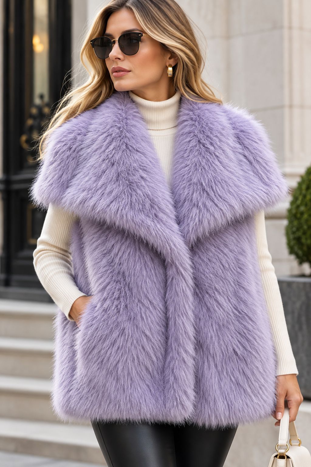 Damen Ärmellose Luxus‑Faux‑Fur‑Weste mit extraweichem Langflor und übergroßem Schalkragen Nord Taschen