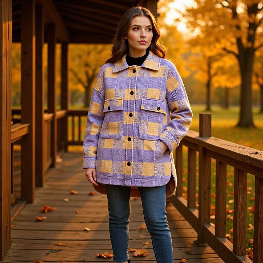 Damen Oversized Hemdjacke im Karo mit großen Pattentaschen und gerundetem Saum Nord Taschen
