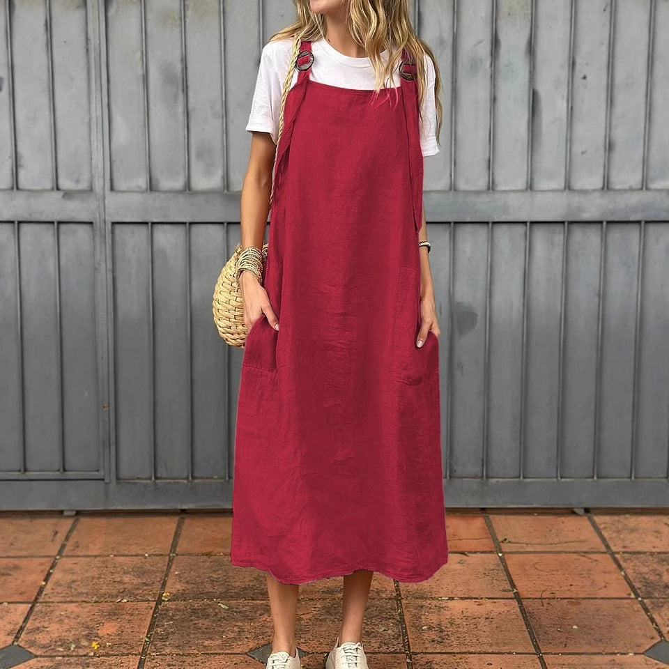 Damen lässiges Leinenkleid mit praktischen Taschen und verstellbaren Trägern