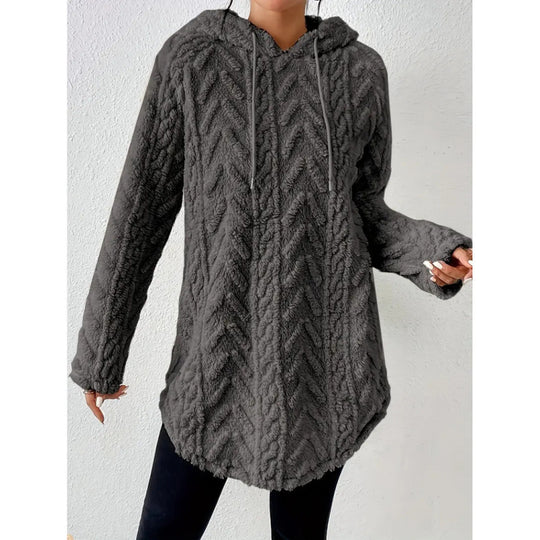 Damen Kuscheliger Teddy-Hoodie mit Zopfmuster Tunnelzug und gerundetem Saum Nord Taschen