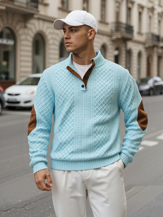 Herren Troyer-Pullover mit Stehkragen, strukturierter Strickoptik und Kontrast-Ellbogenpatches Nord Taschen