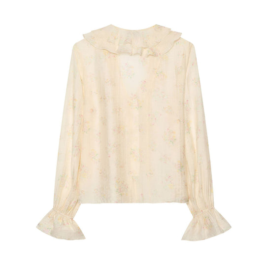 Damen Leichte Chiffonbluse mit Volantkragen V‑Ausschnitt und gerafften Manschetten Nord Taschen