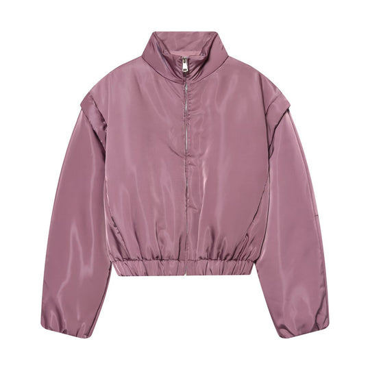 Damen Glänzende Cropped Bomberjacke mit Stehkragen und elastischem Bund Nord Taschen