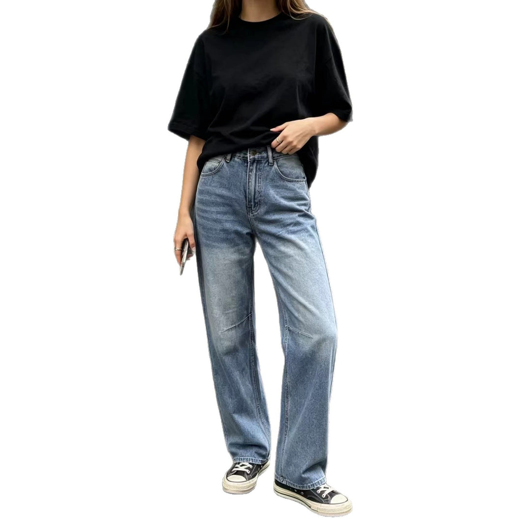 Damen hochgeschnittene weite Jeans mit geradem Bein, Knieabnähern und klassischem Five‑Pocket‑Schnitt Nord Taschen