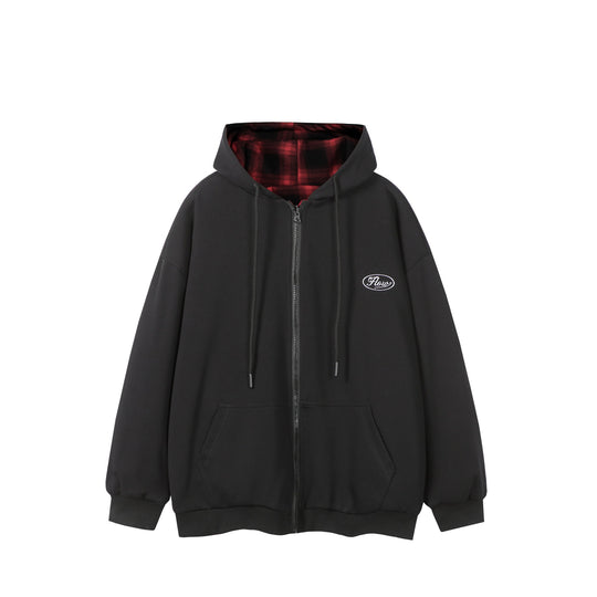 Unisex Oversize-Kapuzenzipjacke mit karierter Kapuzenfütterung und Kängurutaschen Nord Taschen