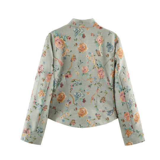 Damen geblümte Jacquard‑Kurzjacke mit Stehkragen, Pattentaschen und Paillettenbesatz Nord Taschen