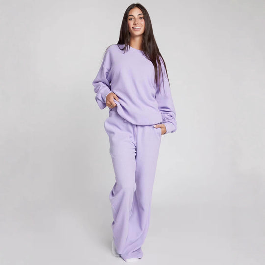 Damen geräumiges Waffelstrick-Loungewear-Set mit Rundhalsausschnitt und Tunnelzughose Nord Taschen