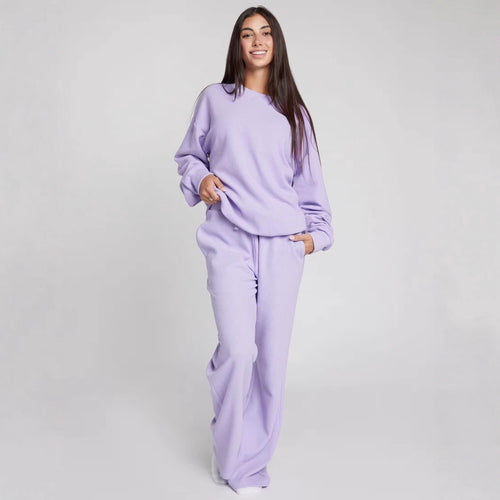 Damen geräumiges Waffelstrick-Loungewear-Set mit Rundhalsausschnitt und Tunnelzughose Nord Taschen