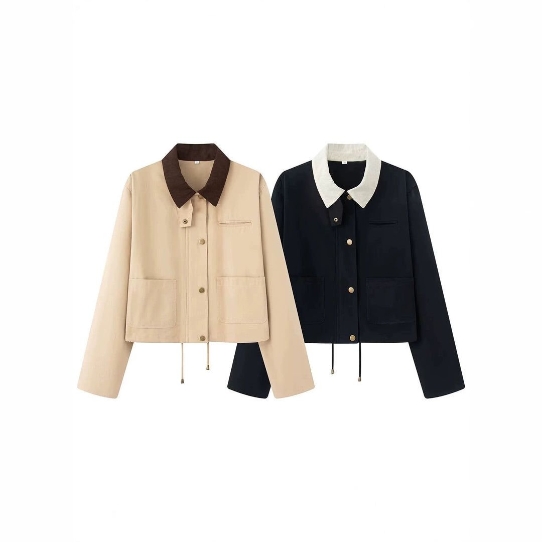 Damen Kurze Boxy-Übergangsjacke mit Cordkragen, Kordelzug und aufgesetzten Taschen Nord Taschen
