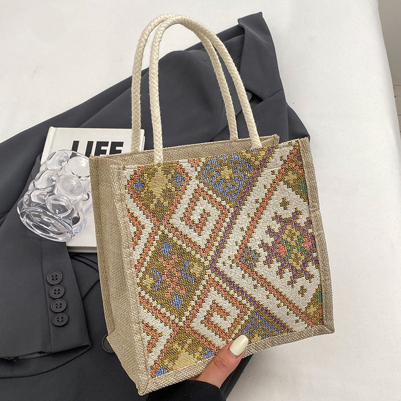 Damen Jute-Tasche mit kunstvollem, gewebtem Muster und praktischen Henkeln Nord Taschen
