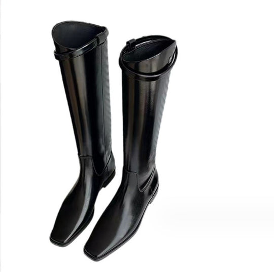 Damen Kniehohe Reitstiefel aus Glattleder mit quadratischer Zehenpartie und schlanker Silhouette Nord Taschen