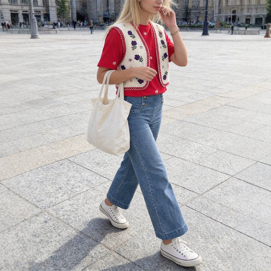 Damen Bestickte Kurz-Weste im Boho‑Chic mit floralen Applikationen Nord Taschen