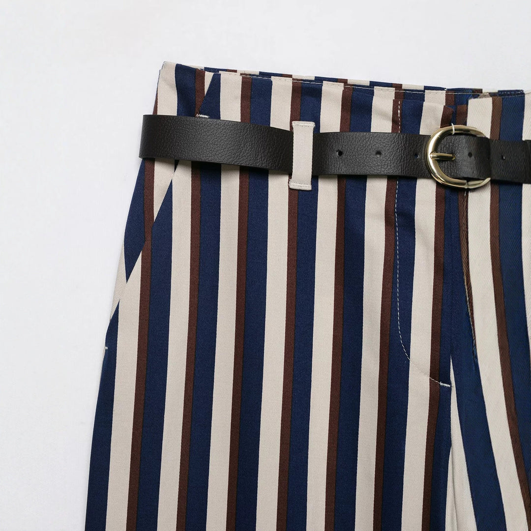 Damen Weite High‑Waist Culotte‑Hose mit verticalem Streifenmuster und Ziergürtel Nord Taschen