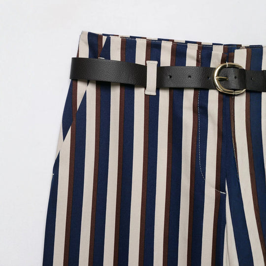 Damen Weite High‑Waist Culotte‑Hose mit verticalem Streifenmuster und Ziergürtel Nord Taschen