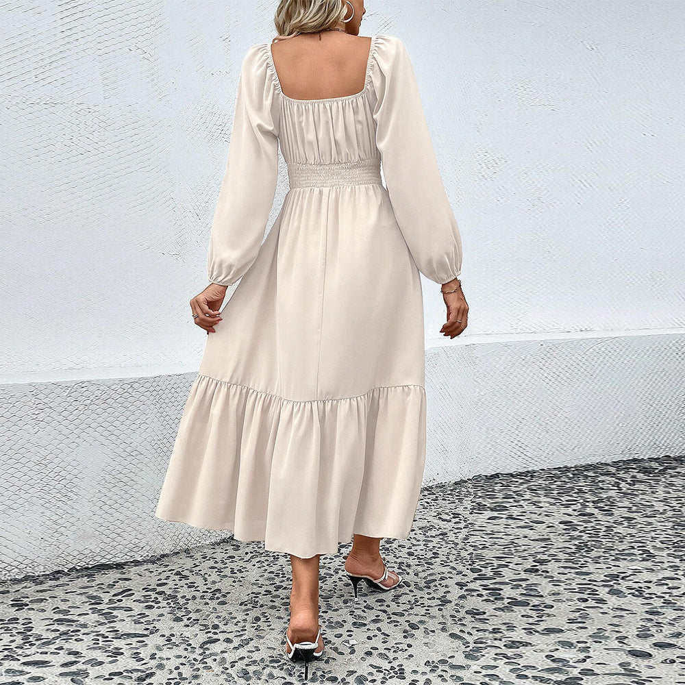 Damen gerafftes Midikleid mit Smok-Taillenbund, eckigem Ausschnitt, langen Puffärmeln und stufigem Volantrock Nord Taschen