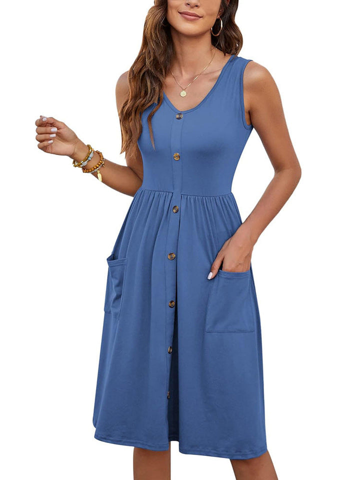 Damen Knielanges Sommerkleid mit Knopfdetails und praktischen Taschen