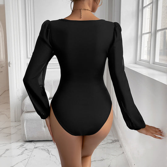 Damen Eleganter Bodys mit V-Ausschnitt und Puffärmeln Nord Taschen