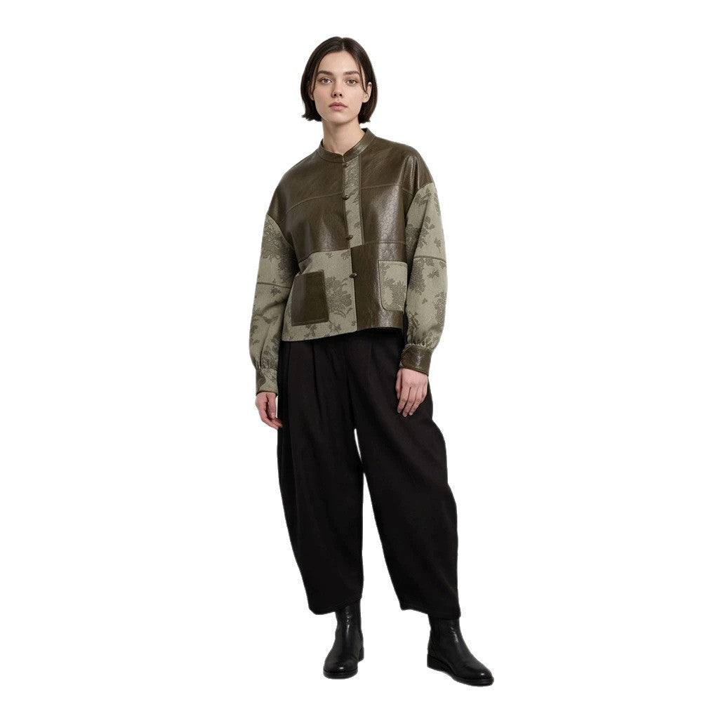 Damen Kurzjacke aus Lederoptik und Jacquard mit Stehkragen Nord Taschen