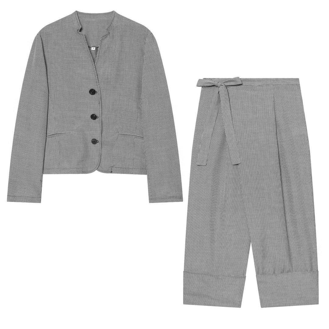 Damen Kurzblazer im Hahnentritt‑Muster mit Stehkragen und taillierter Cropped‑Silhouette Nord Taschen