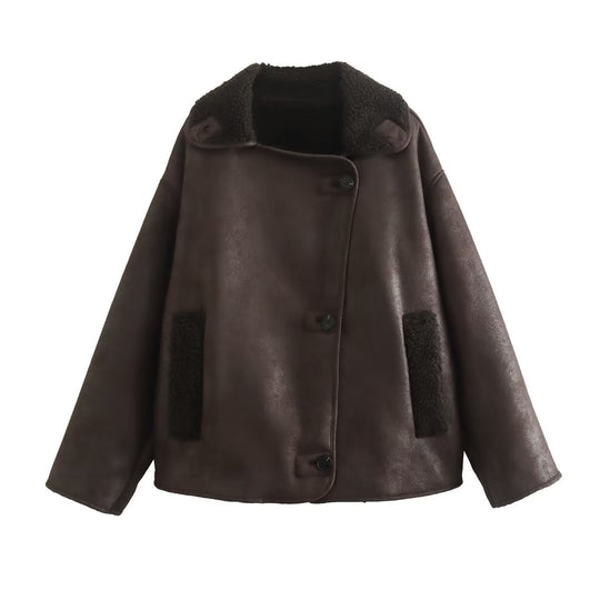 Damen Kurze Lammfelloptik Fliegerjacke mit Teddyfutter und Knopfleiste Nord Taschen