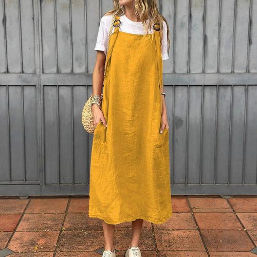 Damen Lässiges Leinen-Latzkleid mit praktischen Seitentaschen und verstellbaren Trägern Nord Taschen