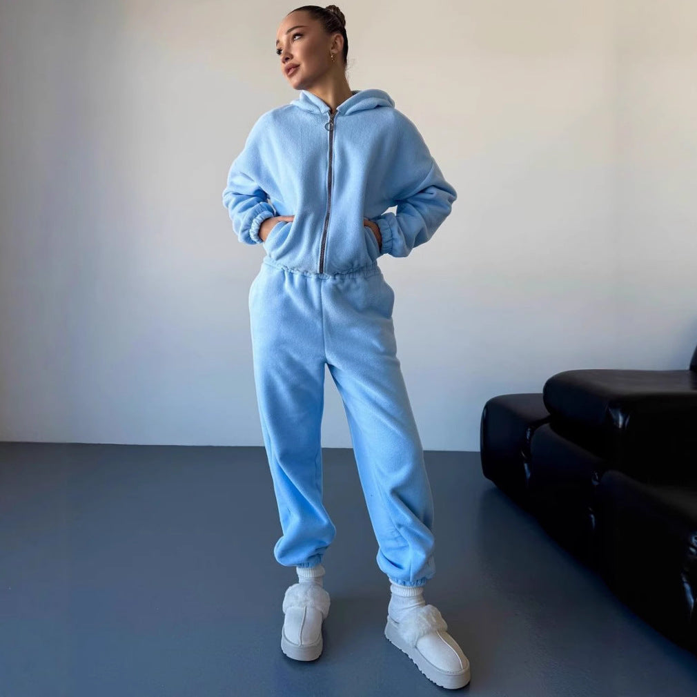 Damen kuscheliges Fleece-Hoodie und Jogginghose Lounge-Set mit Reißverschluss Kapuze elastischem Bund Nord Taschen