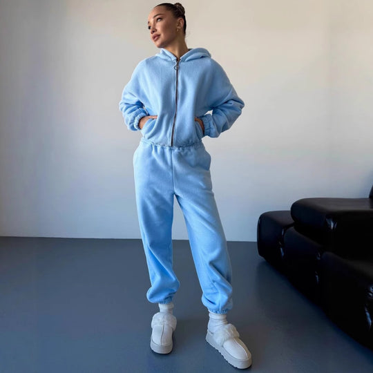 Damen kuscheliges Fleece-Hoodie und Jogginghose Lounge-Set mit Reißverschluss Kapuze elastischem Bund Nord Taschen