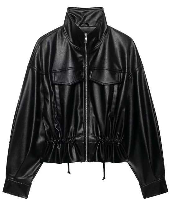 Damen Cropped Kunstleder‑Blouson mit Stehkragen, Pattentaschen und Tunnelzugtaillierung Nord Taschen