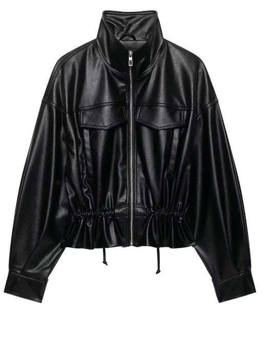 Damen Cropped Kunstleder‑Blouson mit Stehkragen, Pattentaschen und Tunnelzugtaillierung Nord Taschen