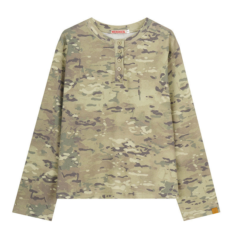 Damen Langarm-Henleyshirt im Waffelstrick mit Militär-Camouflage-Print und Knopfleiste Nord Taschen