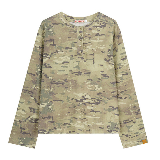 Damen Langarm-Henleyshirt im Waffelstrick mit Militär-Camouflage-Print und Knopfleiste Nord Taschen