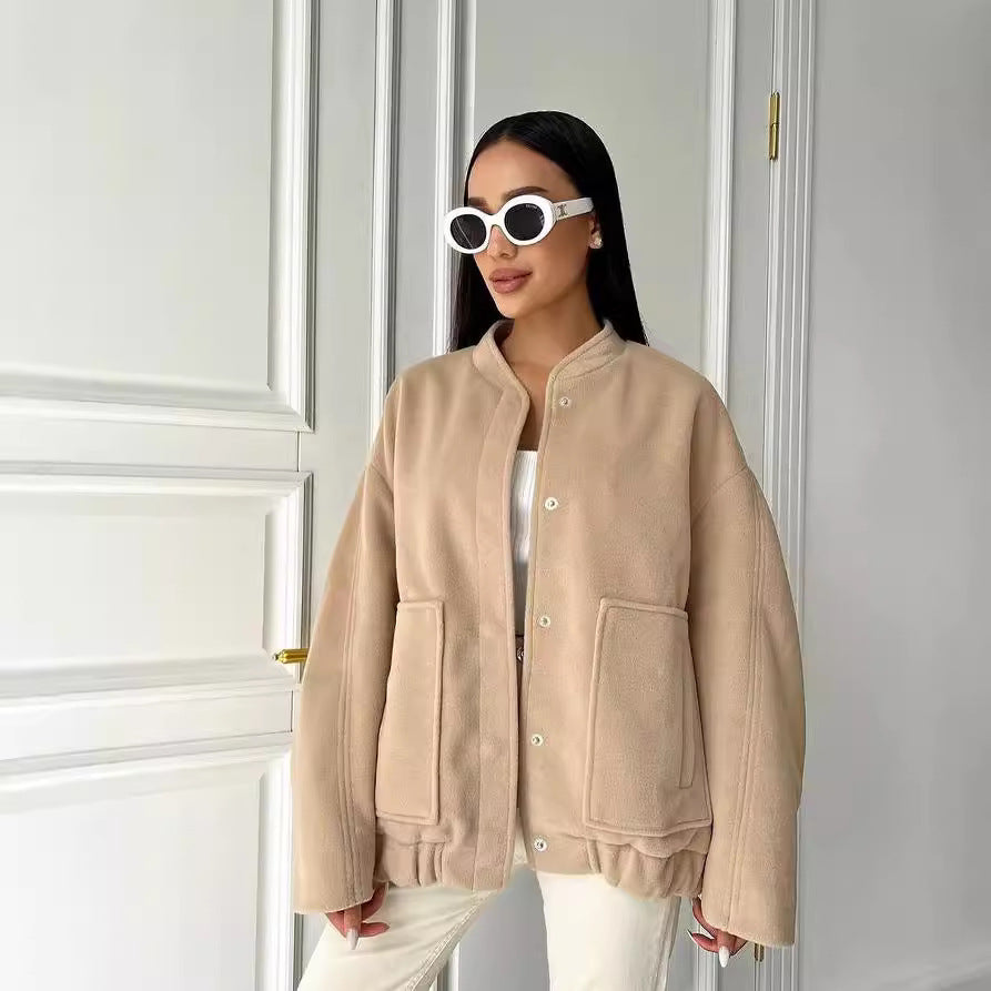 Damen Kurz geschnittener kastiger Wollmix-Blouson mit Druckknopfleiste und aufgesetzten Taschen Nord Taschen
