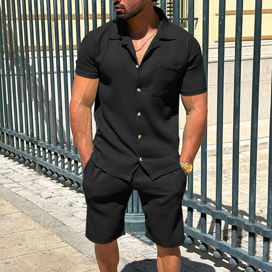 Herren nan lässiges zweiteiliges Freizeitset aus geripptem Jersey mit Hemdkragen Knopfleiste und Shorts