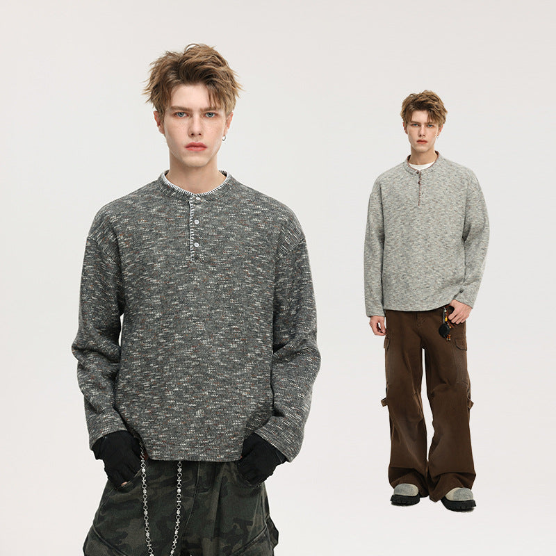 Herren Strick‑Henley mit Melange‑Struktur, Knopfleiste und relaxed Fit Nord Taschen