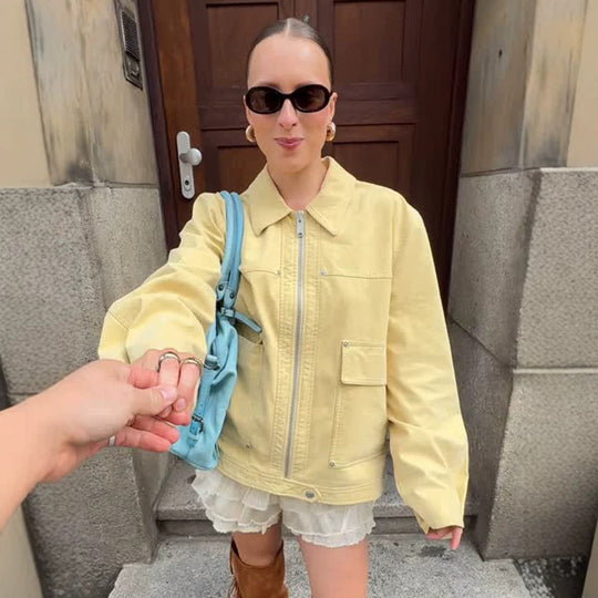 Damen Boxy-Canvas-Jacke mit Reißverschluss, Pattentaschen und Taillen-Zug Nord Taschen