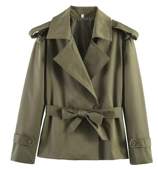 Damen Taillierter kurzer Trenchcoat mit Bindegürtel und Epauletten Nord Taschen