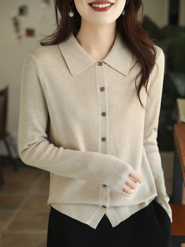 Damen Leichter Feinstrick-Cardigan mit Polokragen und durchgehender Knopfleiste Nord Taschen