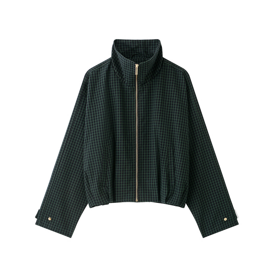 Damen Karierte Cropped Jacke mit Stehkragen und Reißverschluss Nord Taschen